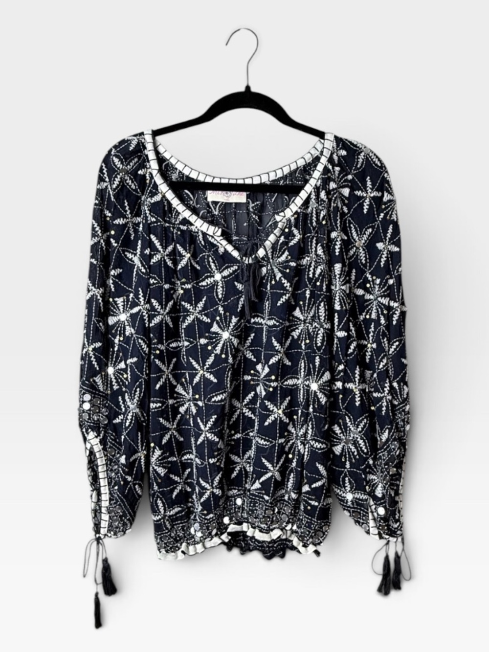 Miss June Paris Navy Sequin Blouse Size 4 Puff Sleeves Detailed (V)